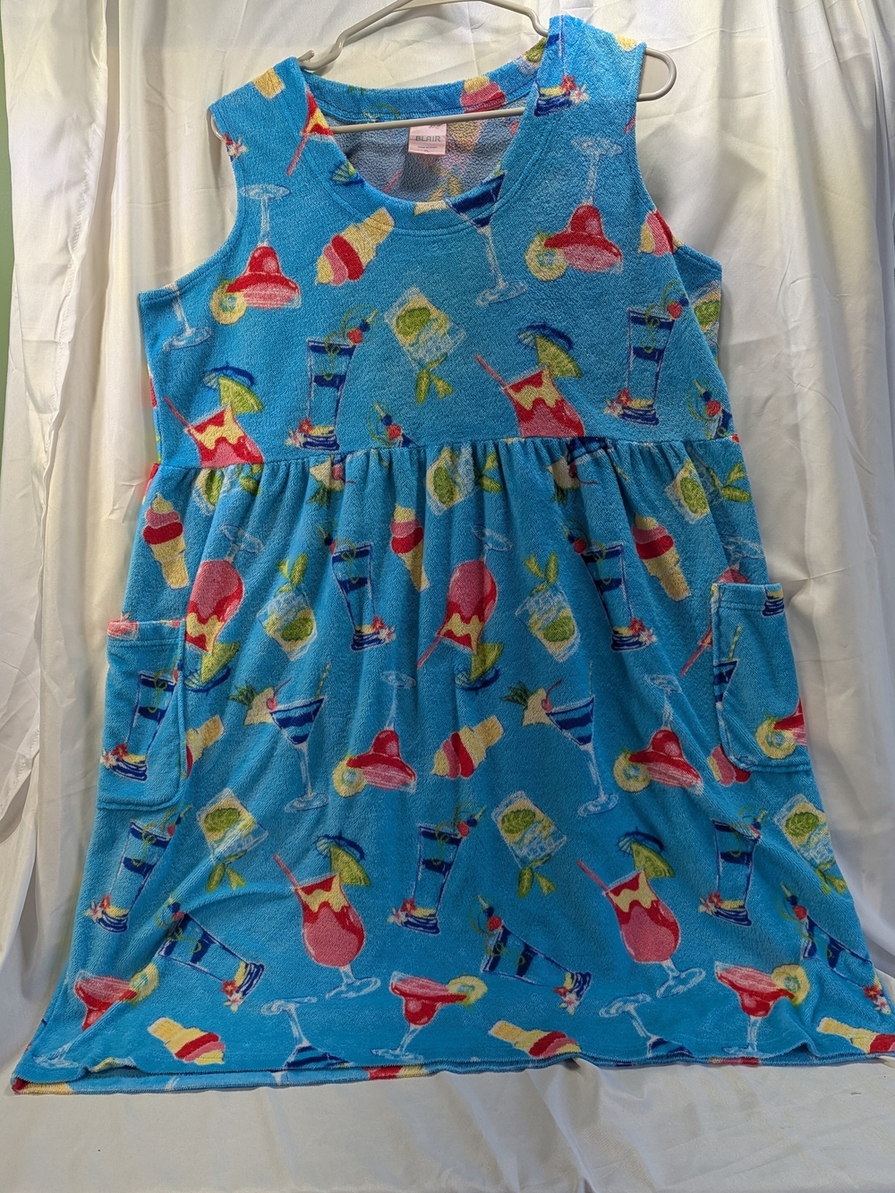 VGT Blair Blue Beach Towel Dress Coverup with Cocktail Print Size L/P